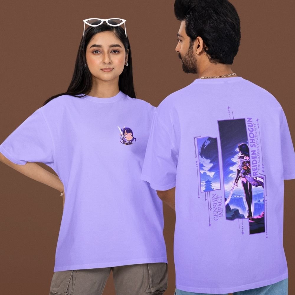 Raiden-Shogun-Electro-Reign-T-Shirt–Genshin-Impact-Oversized-Unisex-Front-&-Back-Anime-Graphic